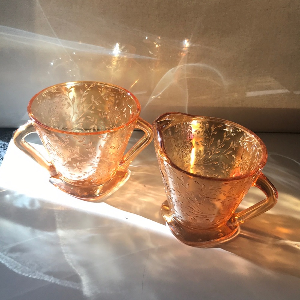 Jeanette Depression Glass Flora gold cr and sugar
